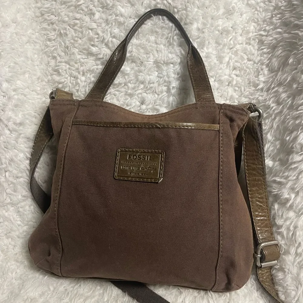 FOSSIL Long Live Vintage leather Distressed Brown&Canvas Messenger Crossbody Bag